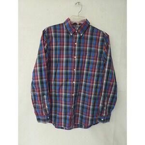 Chaps Plaid Button Down Shirt Mens Large Blue Red Multi Tartan Easy Care Pocket